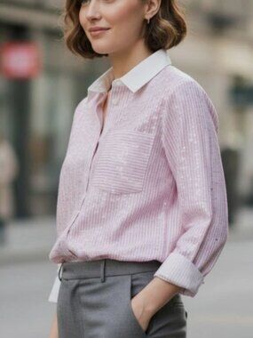 Derek Lam 10 Crosby Wesley sequin stripe cotton button down shirt- Sz XS